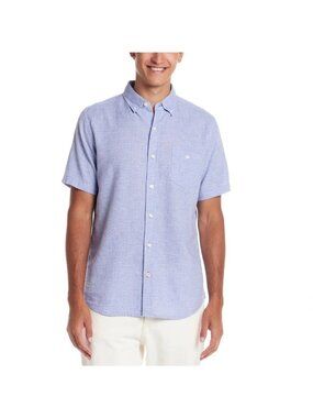 NWT Weatherproof Vintage Men's M Blue Short Sleeve Button-Up Shirt Linen-Cotton